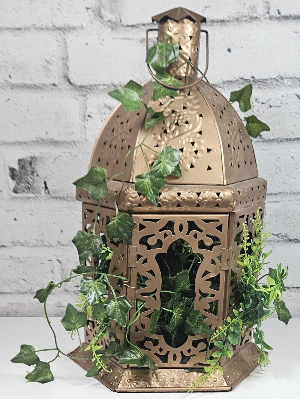 Vintage Moroccan Style Gold Metal Lantern Candle Holder Boho Decor Large